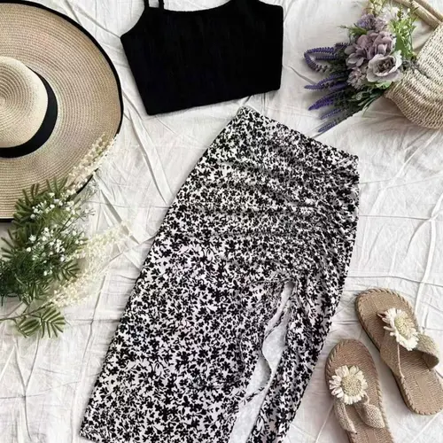 Women's Plain Adjustable Fit Cami Top & Ditsy Floral Print Ruched Drawstring Skirt, Casual Sleeveless Top & Skirt for Summer, Two-piece Women’s Sets, Summer Beach Sets, Casual Chic Set, Co Ord Sets, Womenswear, Clothes