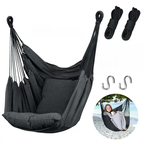 Adjustable Fabric Hammock Chair - Dark Gray Hanging Rope Swing, Full-Lie Design, 300 Lbs Max Capacity, Quality Cotton Weave, Includes 2 Pillows, Side Pocket, Lightweight Easy to Carry, for Patio to Backyard, Bedrooms