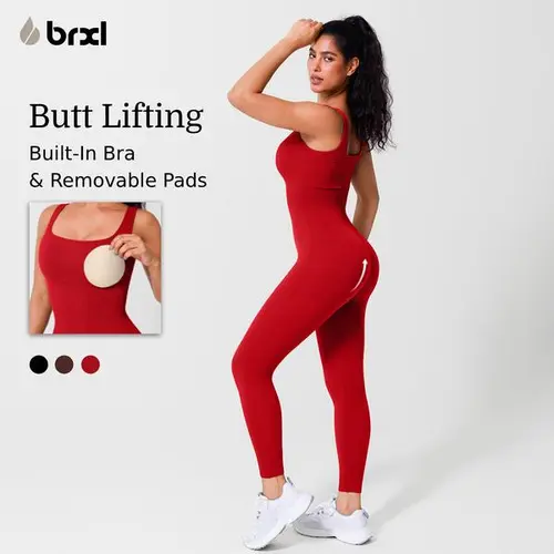 BRXL Women's Square Neck Ribbed Sleeveless Seamless Built-in Bra Solid Color Jumpsuit, Stretchable Stylish Activewear, Sportswear Jumpsuits with Tummy Control for Fitness Yoga, Casual Wear,summerwins