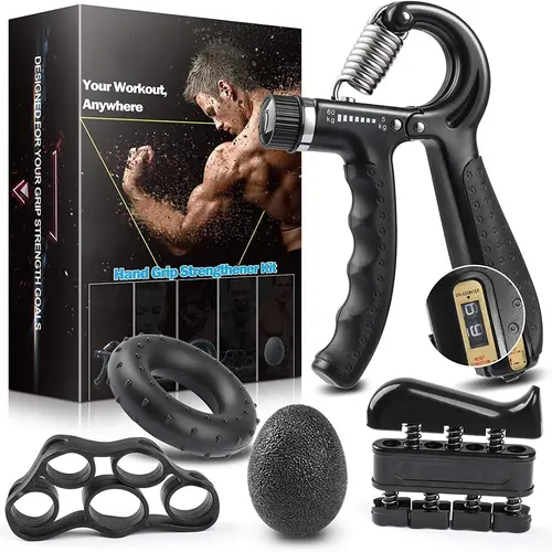 Grip Strength Trainer Kit With Counter (5 Pack) - Adjustable Hand Strengthener, Counting Strength, Finger Trainer, Exerciser, Ring & Stress Relief Ball With Carry Bag relieve pain forearm