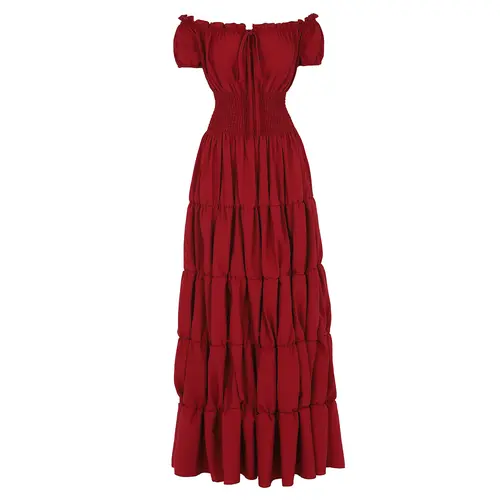 Women's Renaissance Medieval Irish Smocked Waist Short-Sleeve Gown - Spandex, Pleated, Basic, Casual, Flared Under Dress - Gothic Halloween Party Outfit (6531-D1), Cute, Accessories