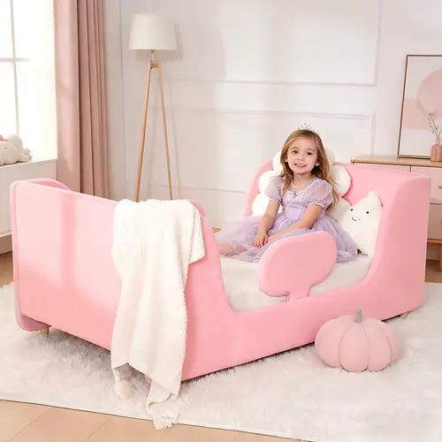Lilypelle Toddler Bed Frame, With Detachable Safety Railing, CPSC Certified Boy and Girl Crib, Standard Crib, Certified Fabric Toddler Bed Frame, Excluding Mattress summerwins,dorm essentials,home decor,sohochic