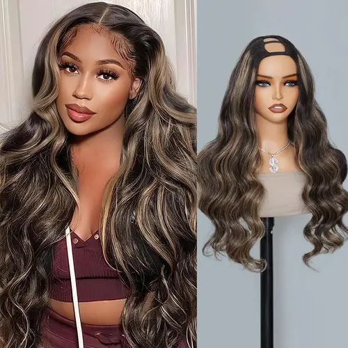 Women's U Part Human Hair Wig - 180%/250% Density Balayage Highlight Brown, Body Wave/Straight, Beginner-Friendly Real Scalp Elastic Drawstring, Balayage Loose Body Wave U Part Wig #SohoChic #TikTokShopBackToSchool
