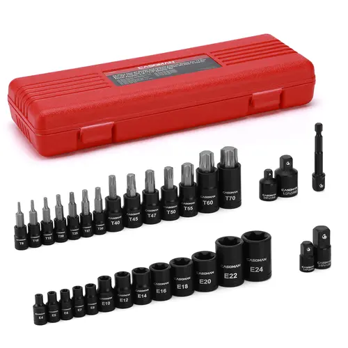CASOMAN 32-Piece S2 Alloy Socket Wrench Set - Torx Bit, Female External E-Torx, 1/4–1/2 Drive Adapter Mechanic Tools (T8-T70, E4-E24, 5 Impact Adapters) #toolupgrade