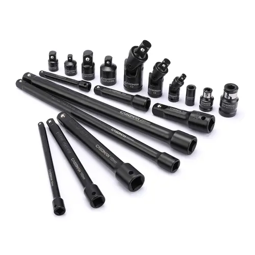 CASOMAN 18-Piece Drive Tool Accessory Set, Premium CR-V Steel with Black Phosphate Finish, 3/8–1/2" F/M Fit, Includes Socket Adapters, Extensions, Universal Joints & Impact Coupler, Professional Mechanic Tool Set, #toolupgrade