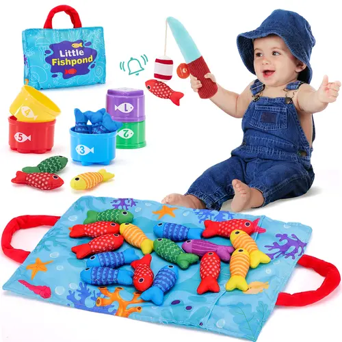 hahaland Toddler Fishing Set - 10-in-1 Cloth Fishing Game with Stacking Cups, Ocean Mat, 22 Pcs Montessori Cognitive Play Kids Toys for 1-Year-Olds, Baby Items, Birthday Gifts, Stackable Fish Buckets