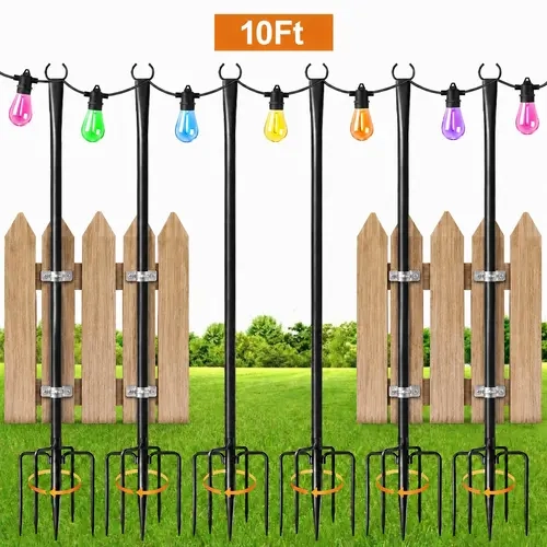 10Ft Outdoor String Light Poles - Double Shepherd Hook Stands, Heavy-Duty Adjustable Hanging Posts with Ground Stakes, for Decoration, Banners, Flower Baskets, Garden Decorations, 4/6/8/12 Pack,sohochic