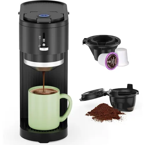 Kismile Single-Serve Coffee Maker with Carafe - Capsule & Ground Coffee Compatible, 5 Brew Sizes Up to 14 Oz, Adjustable Funnel Height, Compact Quick Brew, Easy to Use, Easy to Clean, Ideal for Home/Office, Black