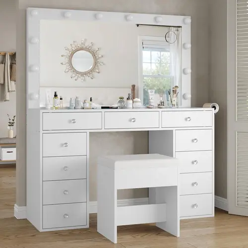 FUSOU 47in Modern Vanity Desk - 11-Drawer Organize, Power Outlet, 12 LED Lights with 3 Color Light Modes, Chair, Bright HD Mirror Storage, Hair Dryer Holder - Space-Saving Engineered Wood Furniture for Makeup Organization - Ships in 2 Packages