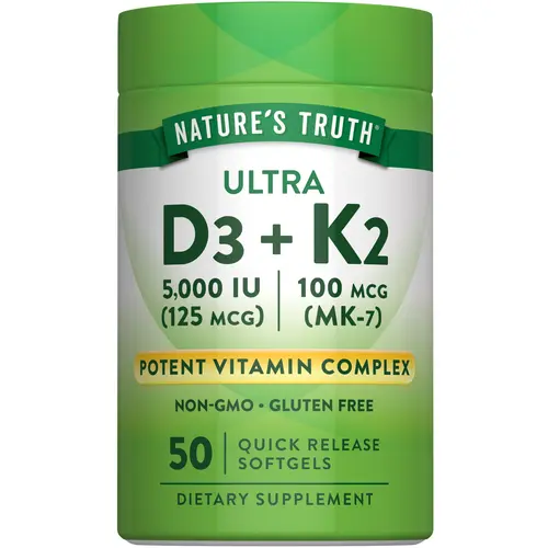 Nature's Truth Vitamin K2 100mcg + D3 5000IU - 50 Softgels - Non-GMO & Gluten Free Supplement