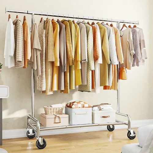 Raybee  75" Extendable & Height Adjustable Clothes Rack for Hanging Clothes with Lockable Wheels ,Heavy Duty Coat Rack,Clothing Racks Holds Up to 440LBS, Portable Rolling Garment Rack with 4 Hooks for  Bedroom, Laundry Room, Commercial, Chrome