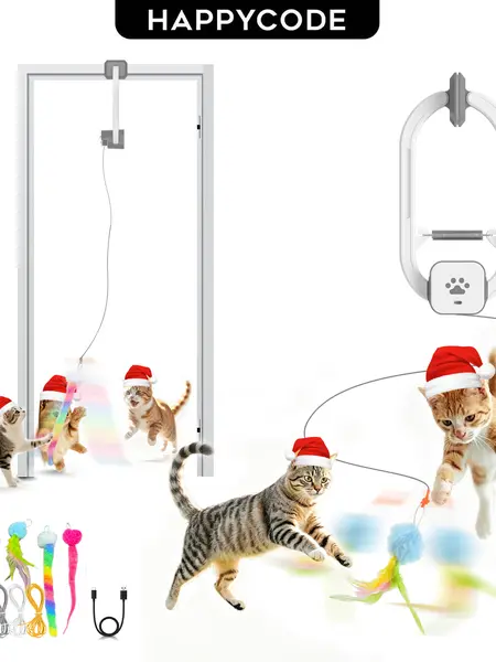 HAPPYCODE Electric Cat Toy, Rechargeable Door-Mounted Interactive Cat Toy for Indoor Cats, 2 Play Modes, Adjustable String, Cat Enrichment & Exercise Toy, Interactive Cat Toys