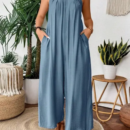 【Plus Size】 All Over Print / Solid Color Cami Sleeveless Beach Jumpsuit, Casual Style Jumpsuit Comfy for Daily Wear, Women's Plus Clothing for All Seasons