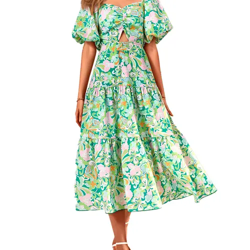 BTFBM Women Summer Dresses 2026 Casual Flowy Beach Square Neck Puff Short Sleeve Smocked Back Boho Floral Long Maxi Dress #Clearance