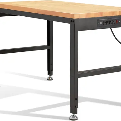 Height Adjustable Heavy-Duty Workbench - 48"x24" Rectangular Rubberwood Desktop, 2000 Lbs Capacity, Durable Metal Frame, Built-In Power Outlets, Smooth Finish, Assembly Required, High Durability Tables for Garage, Office, Heavy Duty Worktables, Sturdy