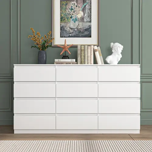 Spaco Black 12-Drawer No-Handle Long Chest of Drawers, Modern Contemporary MDF Board Rectangle Bedroom Dresser with Smooth Lines, Easy-to-Clean (Wipe with Damp Cloth) Bedroom Storage Cabinet