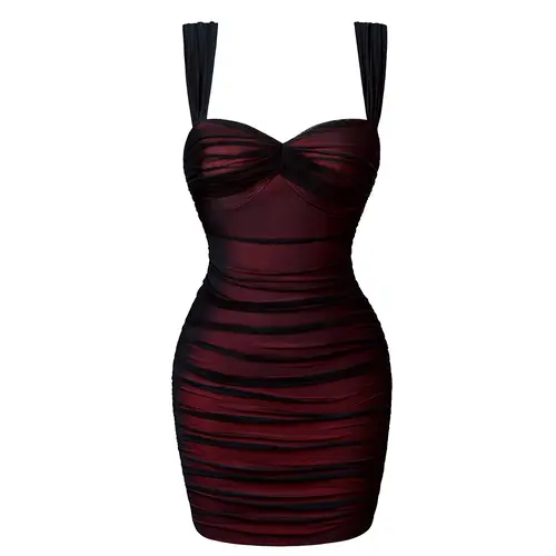 HYZ Women's Summer Sexy Bodycon Sleeveless Tank Straps Mesh Ruched Mini Party Dress