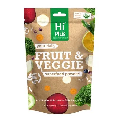 HiPlus Organic Fruits & Vegetables Powder Superfood Blend  Daily Energy + Essential Vitamins | USDA Certified, Vegan Powder for Smoothies & Baking | Hidden vegetable recipes | 3.52oz pantry staple| Non-GMO, Gluten-Free, Easy Mixing
