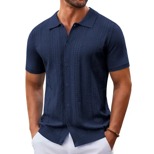 COOFANDY Mens Knit Button Down Shirt Short Sleeve Summer Casual Shirts Vintage Beach Vacation Shirts