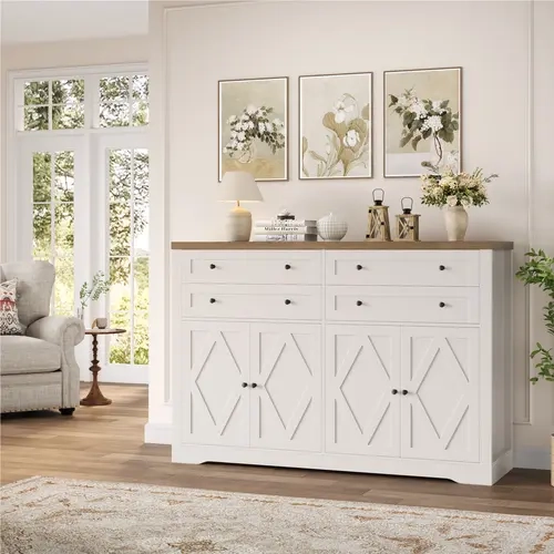 【2 packages shipping】HOSTACK Buffet Cabinet, Coffee Bar with 4 Large Drawers, Kitchen Storage Cabinet, Modern Farmhouse Sideboard Buffet, Adjustable Shelves