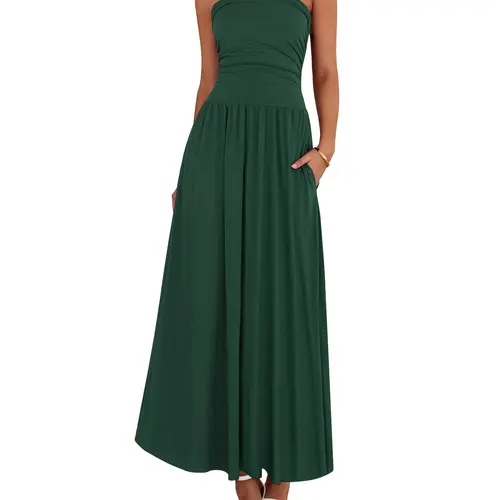 BTFBM Women Strapless Tube Top Dress Summer 2026 Sleeveless Ruched Flowy Cocktail Wedding Guest Maxi Dresses with Pocket