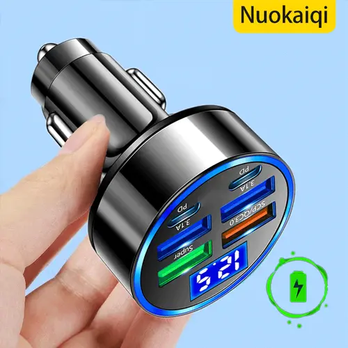 Nuokaiqi Car Mobile Phone Charger - 1-to-6 Adapter Plug with QC3.0 Fast Charging, PD Flash Charging, 5-Port USB-C, Wireless Multifunctional Design, Digital Display, Atmosphere Light, Car Electronics Accessory, Cars