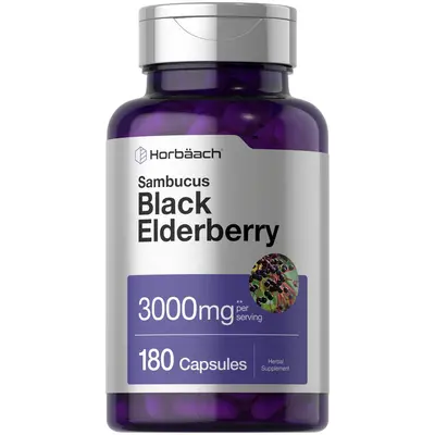 Horbäach Black Elderberry | 3000mg Capsules | 180 Count | Non-GMO, Gluten Free | Sambucus Extract Supplement