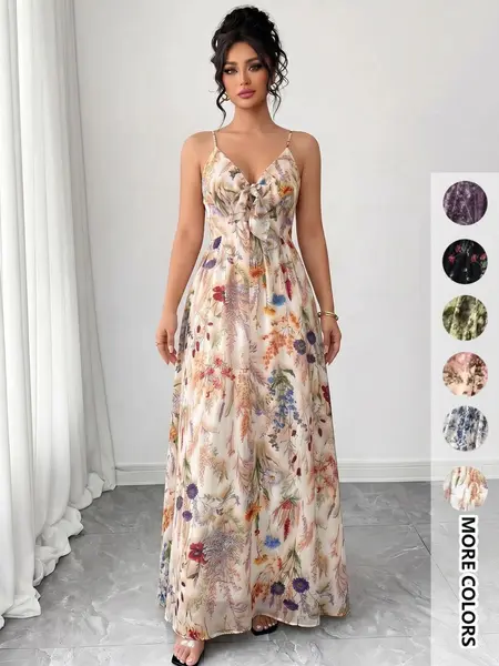 Women's Floral Print Spaghetti Strap Cami Dress, Boho Fashion Casual A Line Dress for Beach Holiday Vacation, Ladies Dress for Summer Bohemian, Bohemian Summer Dresses, Boho Beach Sundresses