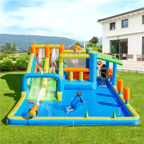 Yaheetech Sports Inflatable Water Park w/ 2 Long Slides, Large Climbing Wall, Small Deeper Water Pool, Awning, Tunnel & Soccer Goal for Kids 3-10, Outdoor Toy w/Storage Bag & 950W Blower