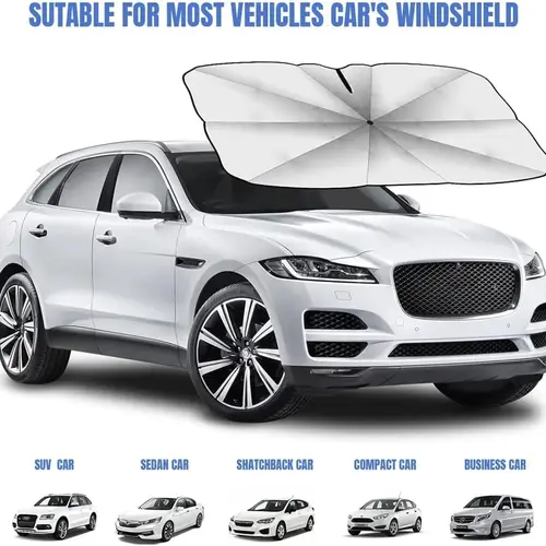 Foldable Car Windshield Sunshade - Cools Vehicle, Fits Front/Side Windows, Hatchback, SUV, MPV, Truck Window Shades, Folded Cover Saves Space, Mirror-Space Fix, W/ Protective Storage Cover