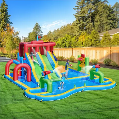 Yaheetech Polyester Double Slide Inflatable Water Park Playset, Sports Combo W/ 650W Blower & Storage Bag, 2 Pools, 2 Water Cannons, Tunnel, Basketball Hoop, Climbing Wall, Punching Bags, Ring Toss Game For Kids Aged 3-10