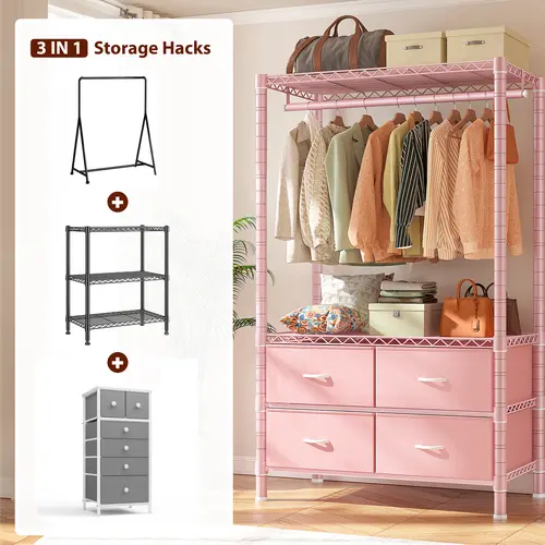 Raybee 3 in 1 Clothes Rack with 4 Drawers, Metal Frame & 4 Shelves 445LBS Capacity Heavy Duty Clothing Rack Portable Closet Rack, Garment Racks for Hanging Clothes Heavy Duty Clothes Rack DIY Adjustable Storage Rack for Apartment, Bedroom, Laundry Room