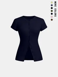 Women's Solid Color Button Basic Smooth Tee, Casual Trendy Tee, Casual Short Sleeve Round Neck Fit T-shirt for Daily Wear, Ladies Clothes for All Seasons, Casual Everyday Tops, Top