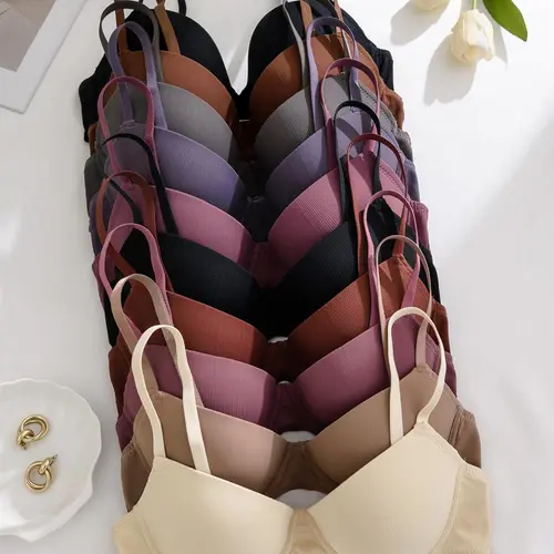 Women's Solid Color Underwire Bra, Ribbed Bras, Soft Minimalist Comfy Breathable Push Up Bra, Solid Textured Bra, Casual Minimalist Bras, Lingerie for All Seasons
