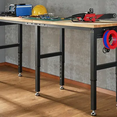VanAcc Adjustable Workbench, 28.7-38.6" Height, Rubber Wood Top, Heavy-Duty Design with Power Outlets & Hooks, 5000 LB Capacity for Garage, Workshop, Home, or Office