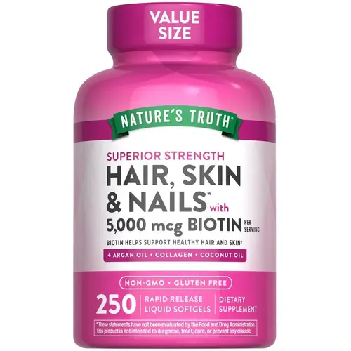 Nature's Truth Hair, Skin & Nails Vitamins 5000mcg - 250 Softgels - With Collagen, Biotin and Coconut Oil