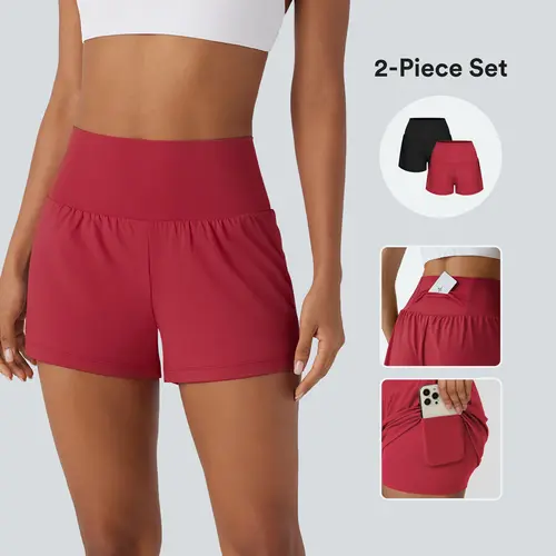 Halara 2-Piece Super High Waisted Back Pocket & Side Hidden Pocket 2-in-1 Yoga Shorts 3" Set #BackToSchool