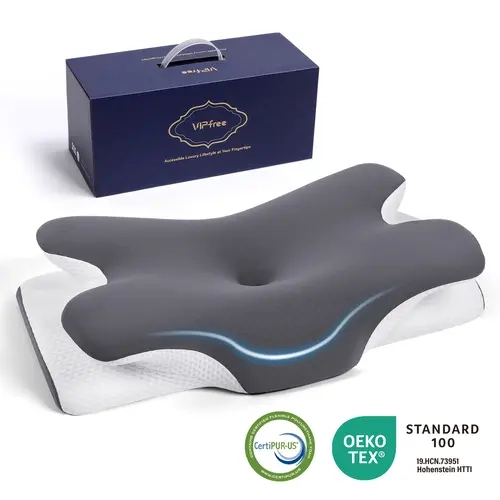 VIPfree Cervical Cooling Ergonomic Pillow with Free Gifts Adjustable Ergonomic Memory Foam Pillow Cervical Support Relieves Neck and Shoulder Pain OEKO-TEX Certified
