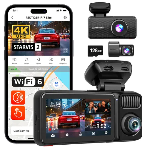 REDTIGER F17 Elite 4K 3-Channel Dash Cam with STARVIS 2 IMX678 & IMX675, 128GB Card, Full Night Color, 4K+2.5K+1080P Front Rear Inside, Touch Screen, Voice Control, 5GHz WiFi 6, GPS, HDR, 24 Hours Parking Mode, Car rvibes, Car VLOG, toolupgrade