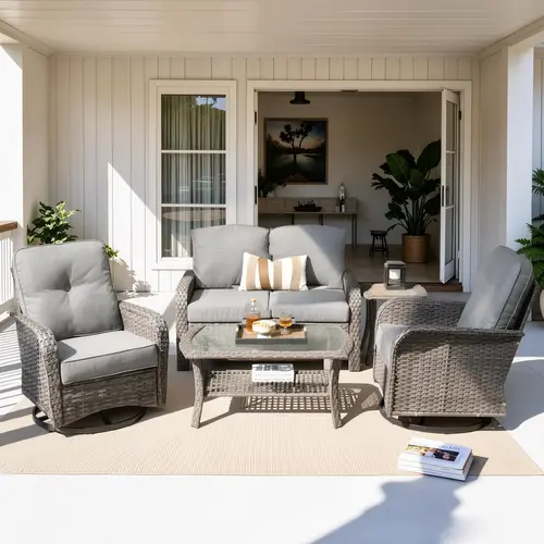 【SohoChic Sale】OVIOS 5-Piece Outdoor Patio Furniture Set with High-Back Swivel Rocking Chairs & Coffee Table, All-Weather Wicker Sofa Conversation Set with Cushions for Backyard, Patio, Porch, Deck & Garden