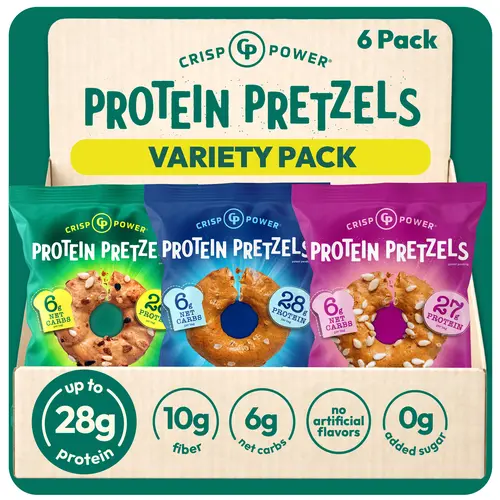 CRISP POWER Protein Pretzels, 28g Protein, High Protein, High Fiber, 6g Net Carbs or Less,  Healthy Pretzels, Crispy, Savory, Crunchy Pretzel Snacks, No Added Sugar, 1.75 oz Bags, 6 Pack