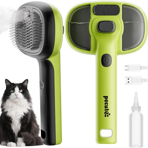 Pecute 3-in-1 Plastic Steamy Pet Grooming Brush - 1-Button Self-Cleaning Mist Deshedding Comb for Heavy Shedding Long Hair Dogs/Cats, 7.4*4.4*2.4 Inch Electric Massage Brush, Quick Fur Removal Tangled Undercoat Remover, Grooming Accessories