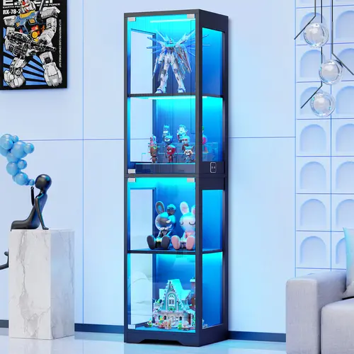 MIIFUNY Display Cabinet with Glass Doors, 4-Tier Display Case with 3 Color Lights for Collectibles, Display Shelves with Human Body Sensor, Black