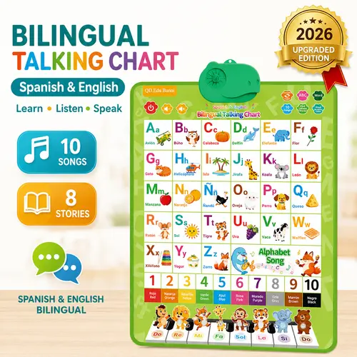 Kids' English-Spanish Alphabet Poster - Bilingual ABC & Basic Vocabulary Learning Toy with Number Chart, Supports Spanish Speak & Listen Skills for Early Education, Language Learning