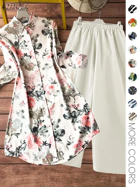 Two-piece Set Women's All Over Print Button Shirt & Wide Leg Pants, Casual Long Sleeve Collared Top & Trousers for Daily Wear, Ladies Clothes for All Seasons Summer Matching Sets