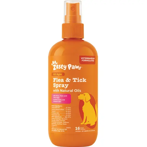 Zesty Paws Flea & Tick Natural Soothing Spray for Dogs 16 fl oz Vet-Formulated with Clean Cedarwood Rosemary & Peppermint Oils