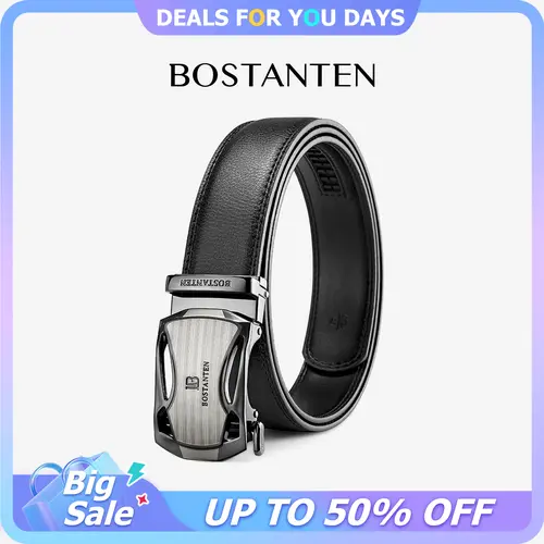 BOSTANTEN Men's Cow Hide Leather Belt - Easy-Release Automatic Buckle, Trim-to-Fit Textured Stretch Band, Fashion Accessory for Dress & Casual Use, Ideal Gift, Belts, Adjustable,clothes for back to school,first day of school outfits,sohochic