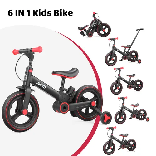 【ChristmasGifts】JMMD 6-in-1 Multi-Functional Toddler Balance Bike (18-60M) - Kids Outdoor Toys with Training Wheels, Pedals, Push Handle, Brakes, Kickstand, Unisex Ride-On for Christmas, First Birthday Gifts, Baby Bicycles backtoschool, Baby Bicycle Kid,s