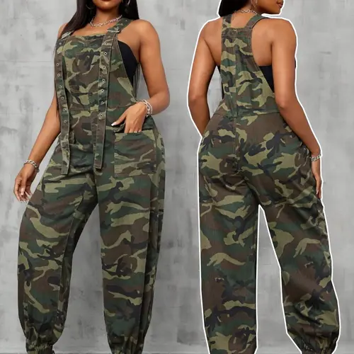 Women's Camouflage Print Sleeveless Denim Overalls, Adjustable Strap, Casual Comfy Jumpsuit for Daily Wear, Ladies Clothes for All Seasons