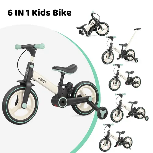 JMMD Unisex 6-in-1 Multi-Mode Toddler Tricycle - Steel Frame, Rubber Tires, Training Wheels, Pedals, Push Handle, Brakes, Kickstand, Foldable Portable Design, Balance Bike for 18-60mths Outdoor Play, Durable Birthday Gift